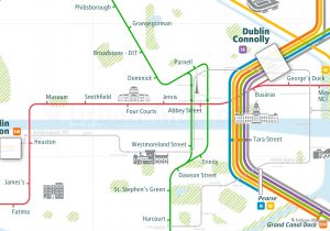 Dublin City Rail Map for train and public transportation routes of metro, tram, commuter train, airport link - Close-up