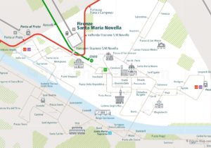Florence City Rail Map for train and public transportation routes of metro, tram, ferry, funicular - Close-up