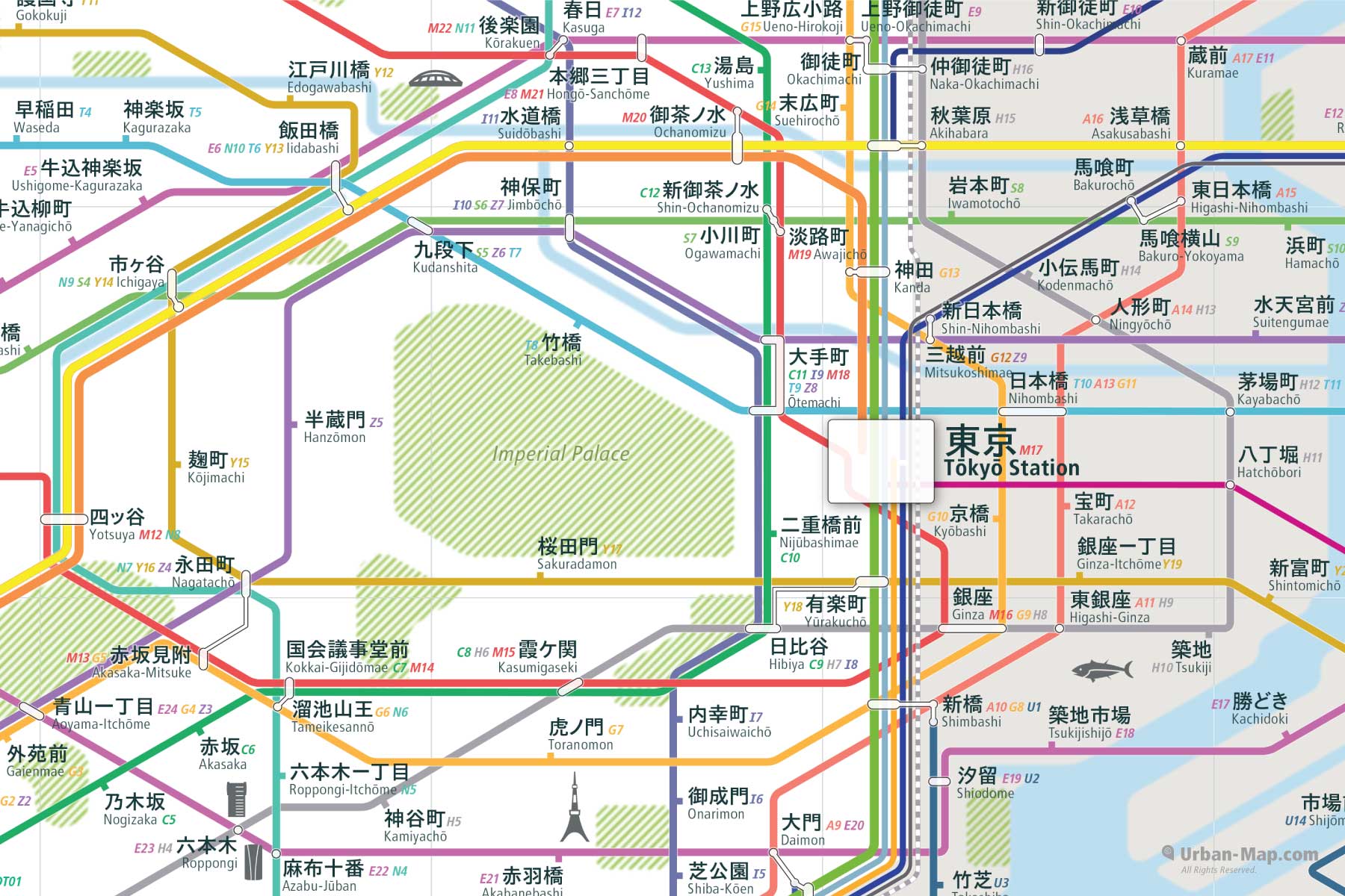 Tokyo City Rail Map Japanese shows the train and public transportation routes of