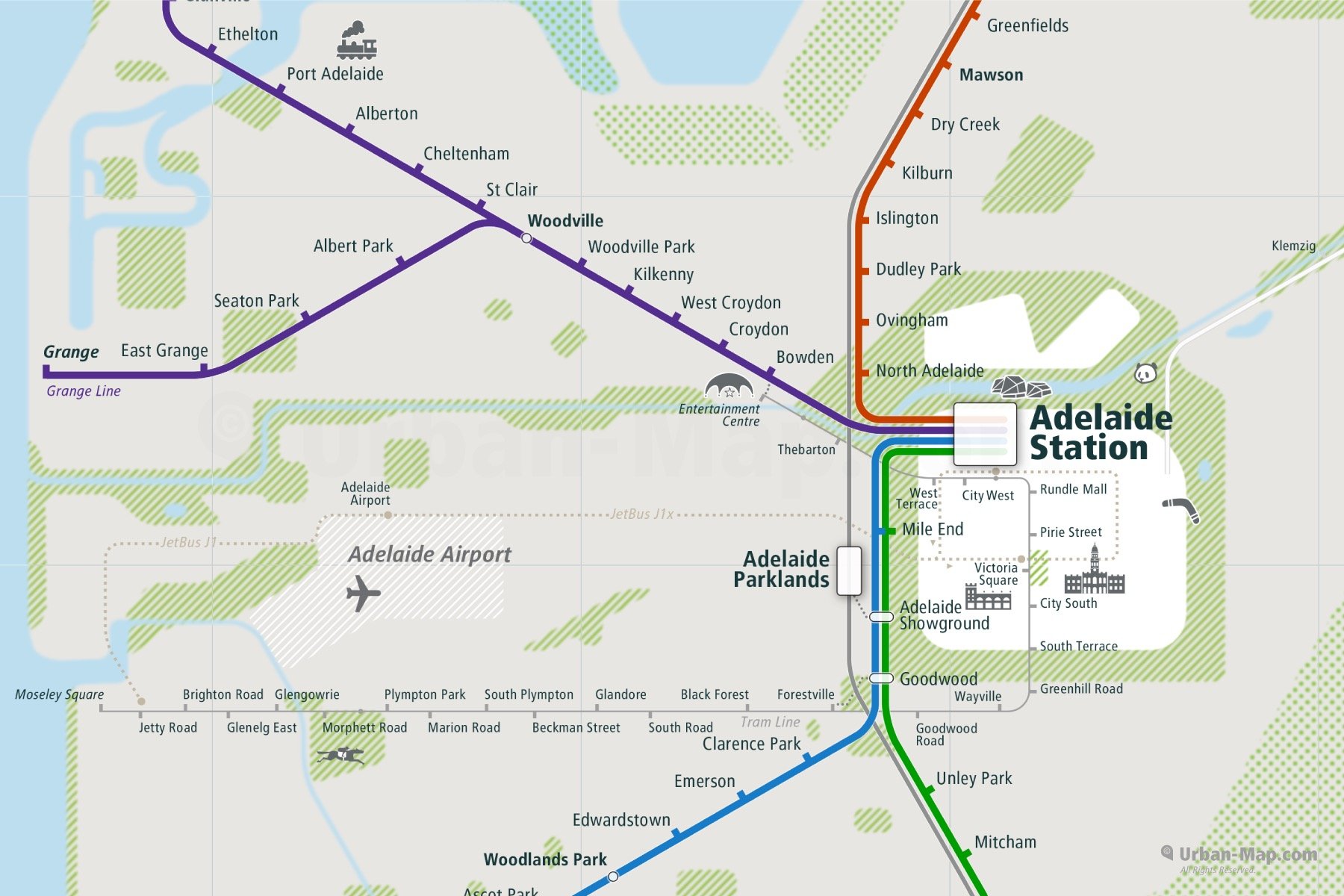 Adelaide City Rail Map shows the train and public transportation routes of Commuter Rail, Tram, Airport Link - Close-Up