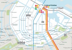 Amsterdam City Rail Map shows the train and public transportation routes of metro and tram - Close-Up