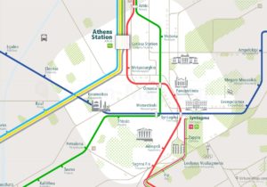 Athens City Rail Map for train and public transportation routes of metro, tram, ferry, funicular - Close-up