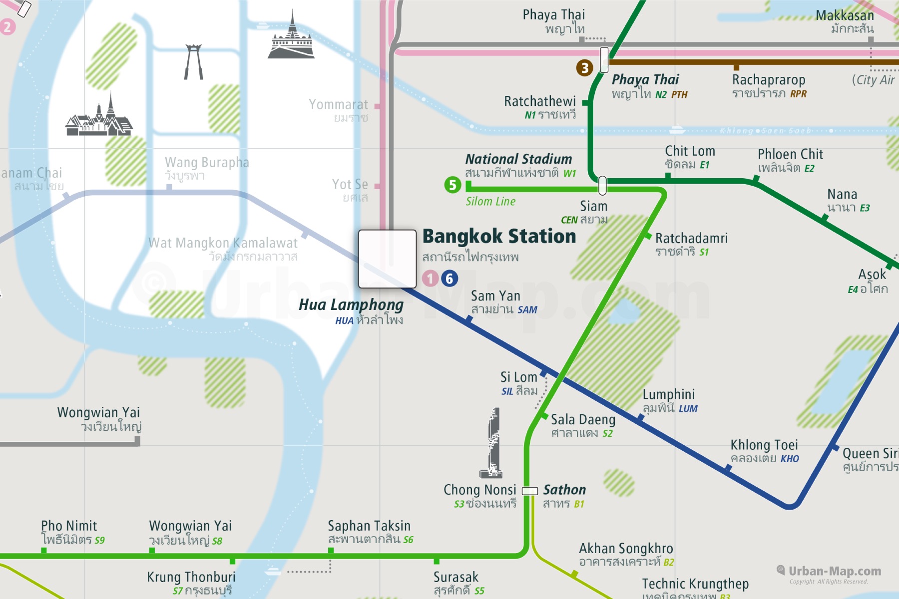 Bangkok City Rail Map shows the train and public transportation routes of metro, BRT Bus Rapid Transport, Airport Link - Close-Up
