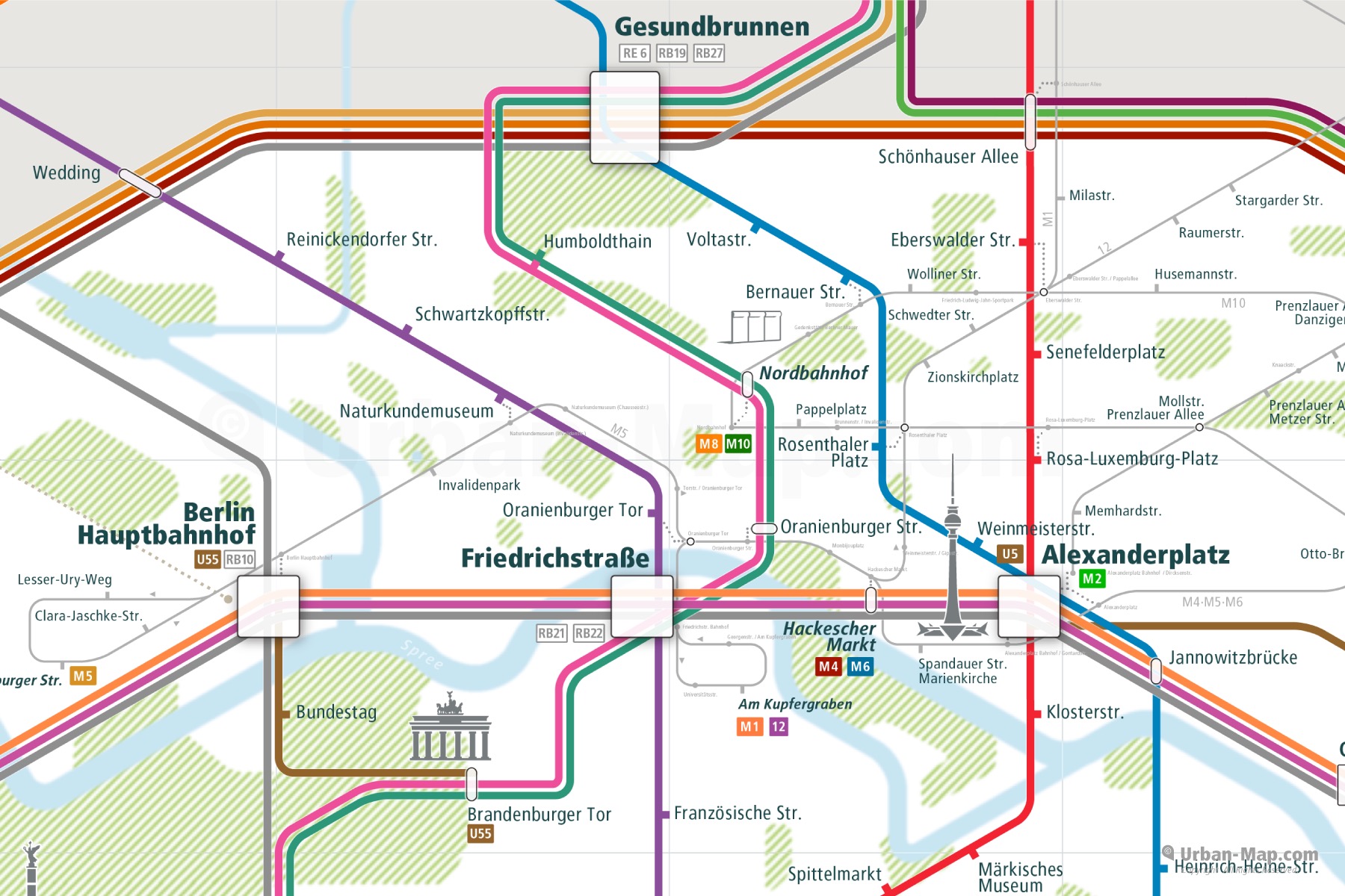Berlin City Rail Map shows the train and public transportation routes of Metro, U-Bahn, S-Bahn, Tram, RE Deutsche Bahn and Airport Link - Close-Up