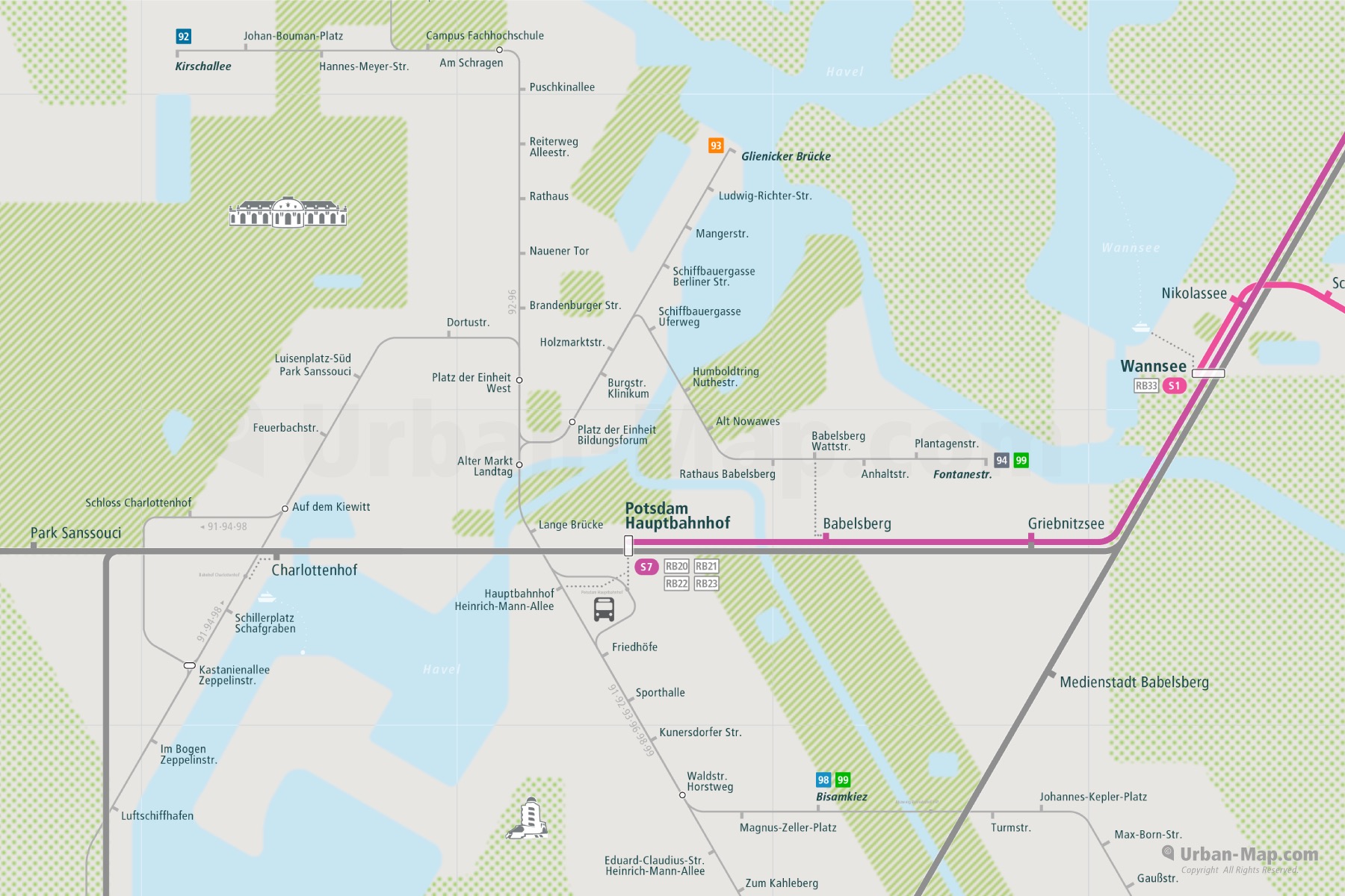 Potsdam City Rail Map shows the train and public transportation routes of S-Bahn S7 and Tram