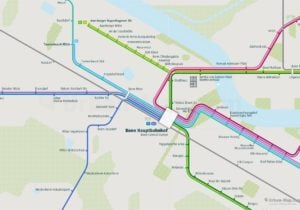 Bonn City Rail Map shows the train and public transportation routes of the metro, tram - Close-up
