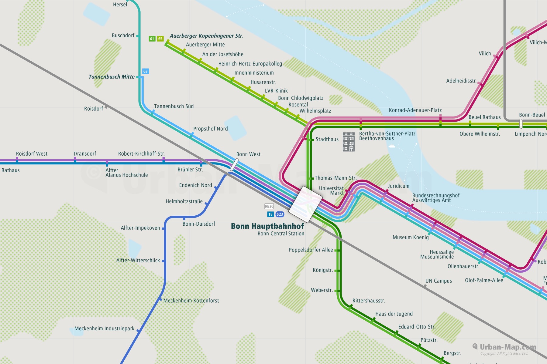 Bonn City Rail Map shows the train and public transportation routes of the metro, tram - Close-up