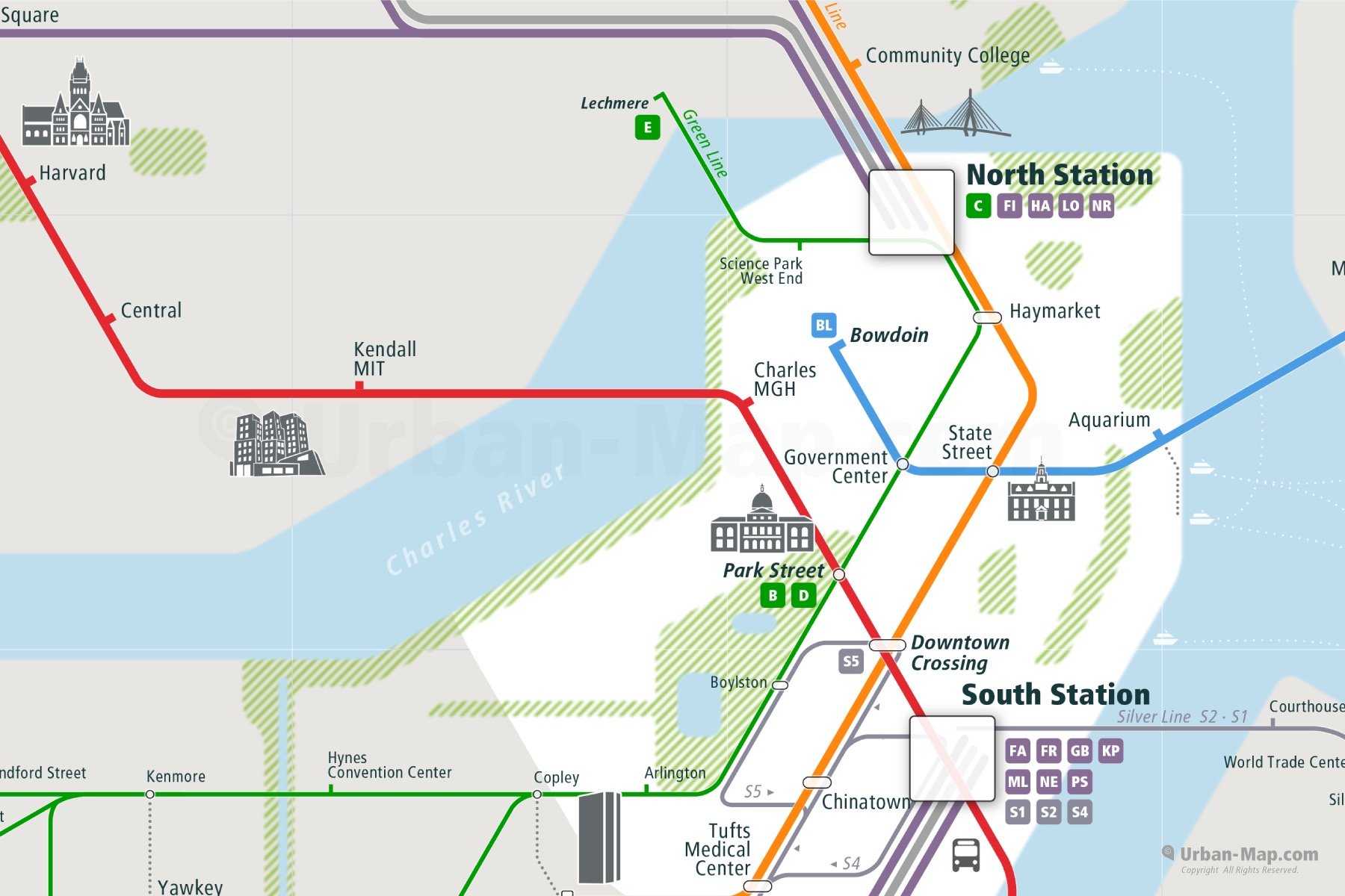 Boston City Rail Map shows the train and public transportation routes of Subway, Silver Line Bus, Airport Link - Close-Up