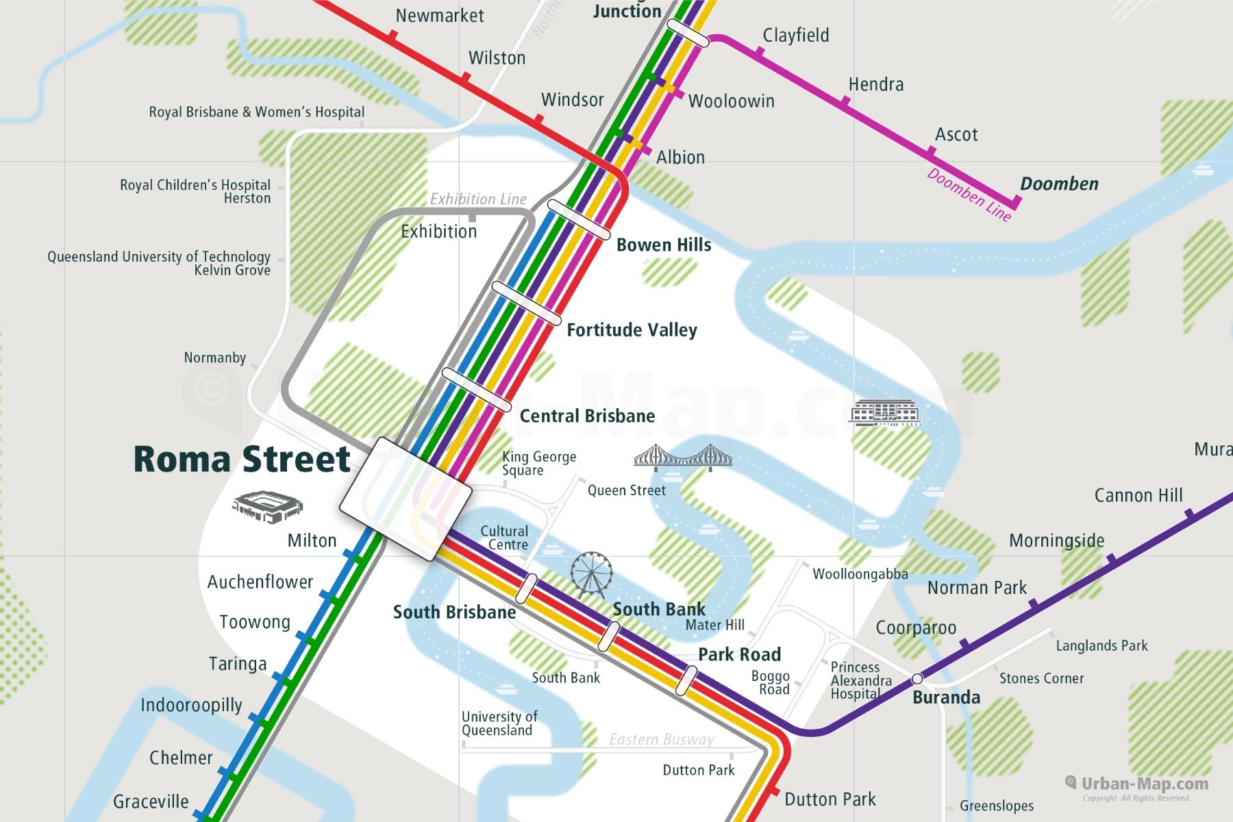 Brisbane City Rail Map shows the train and public transportation routes of Commuter Train, Tram, Busway, Airport Link - Close-Up