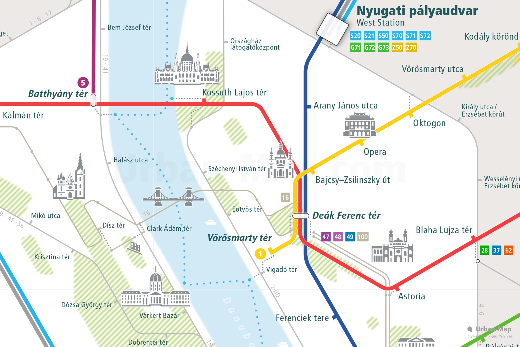 Budapest City Rail Map shows the train and public transportation routes of metro, tram, ferry, funicular - Close-up