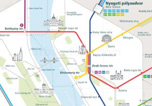 Budapest City Rail Map for train and public transportation routes of metro, tram, ferry, funicular - Close-up