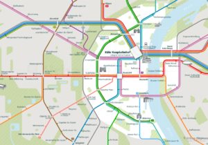 Cologne City Rail Map shows the train and public transportation routes of the metro, tram - Close-up