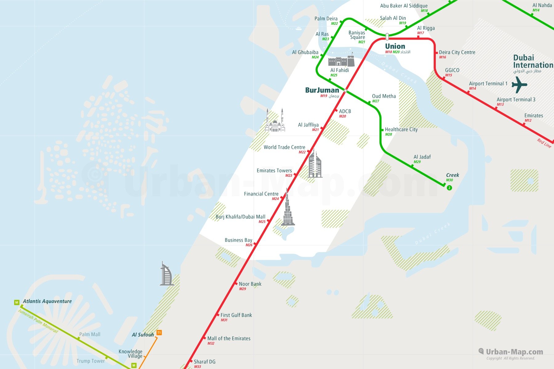 Dubai City Rail Map shows the train and public transportation routes of Metro, Monorail - Close-Up