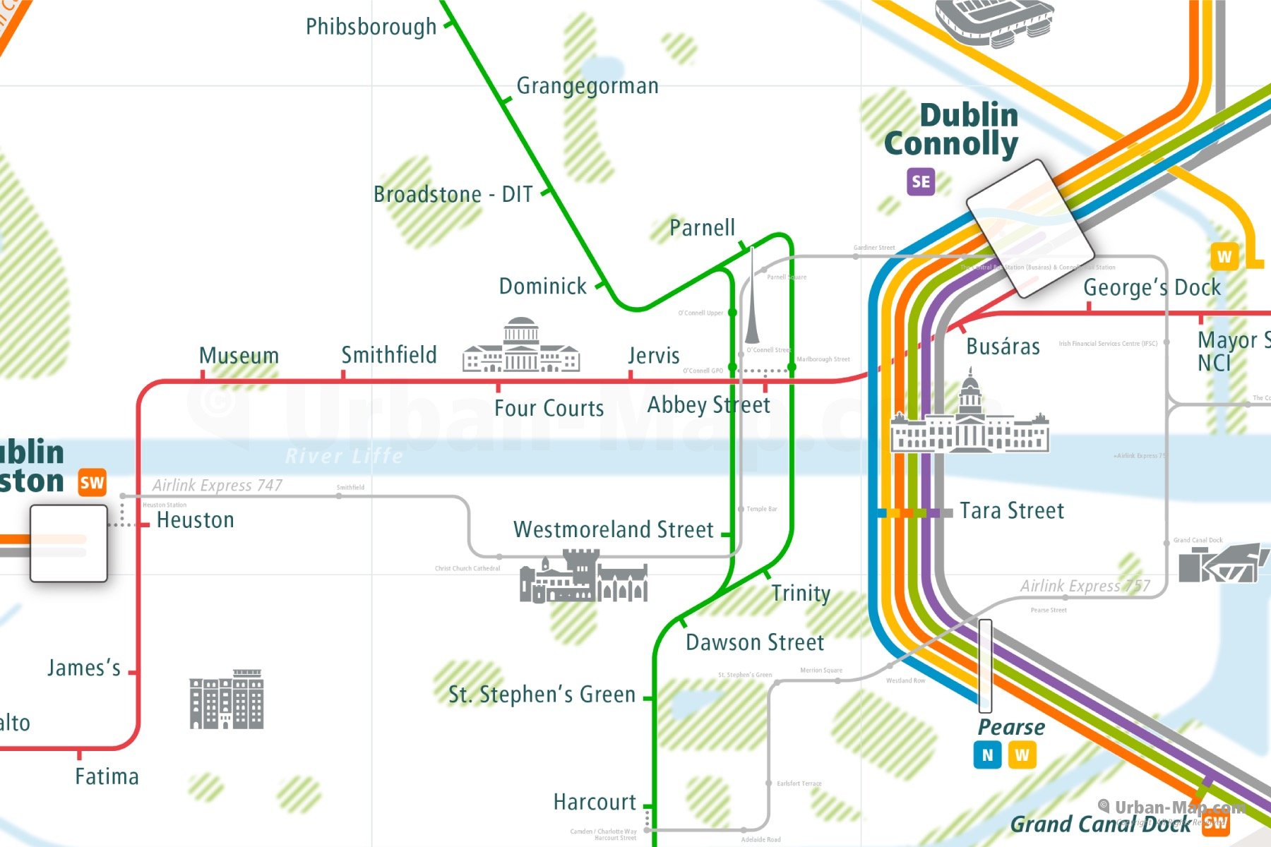 Dublin City Rail Map shows the train and public transportation routes of tram, Airlink Express, commuter train - Close-Up