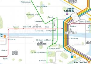 Dublin City Rail Map for train and public transportation routes of metro, tram, commuter train, airport link - Close-up