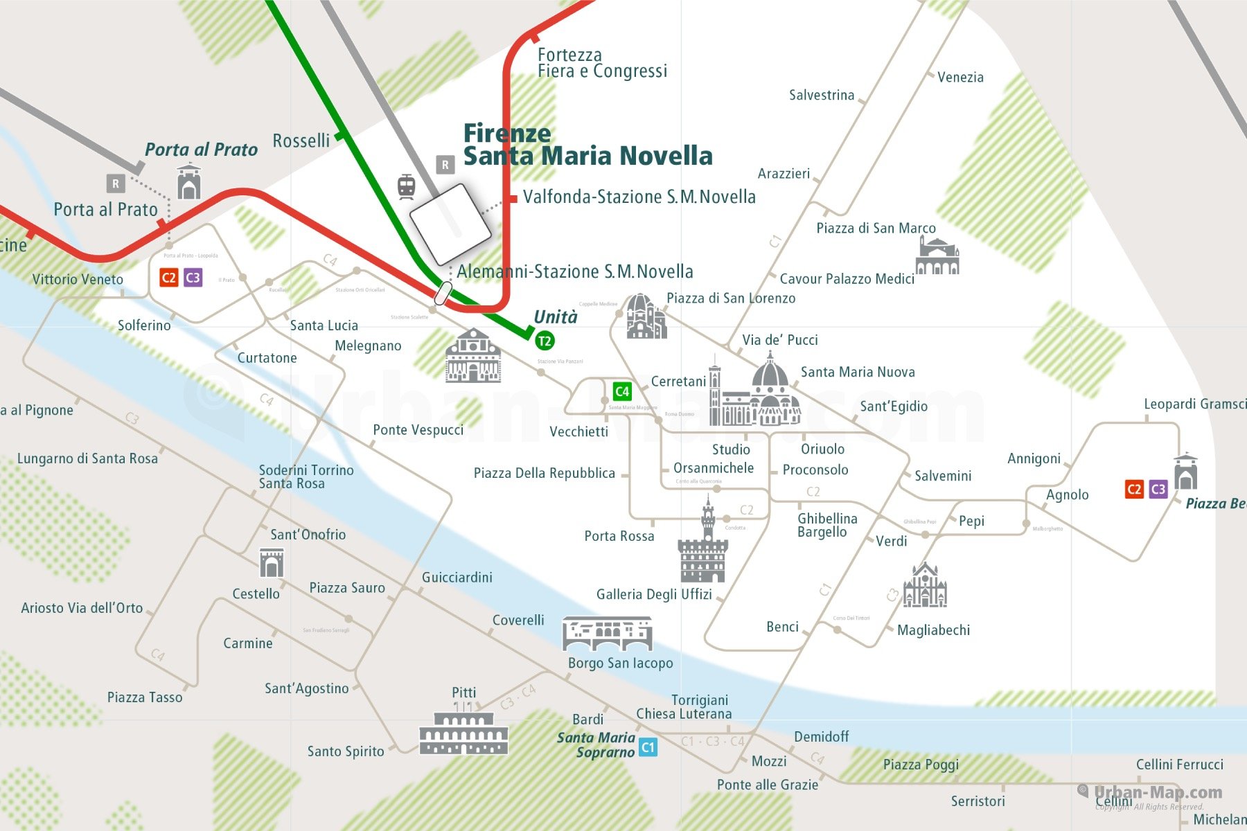 Florence City Rail Map shows the train and public transportation routes of the metro, tram, ferry, funicular - Close-up