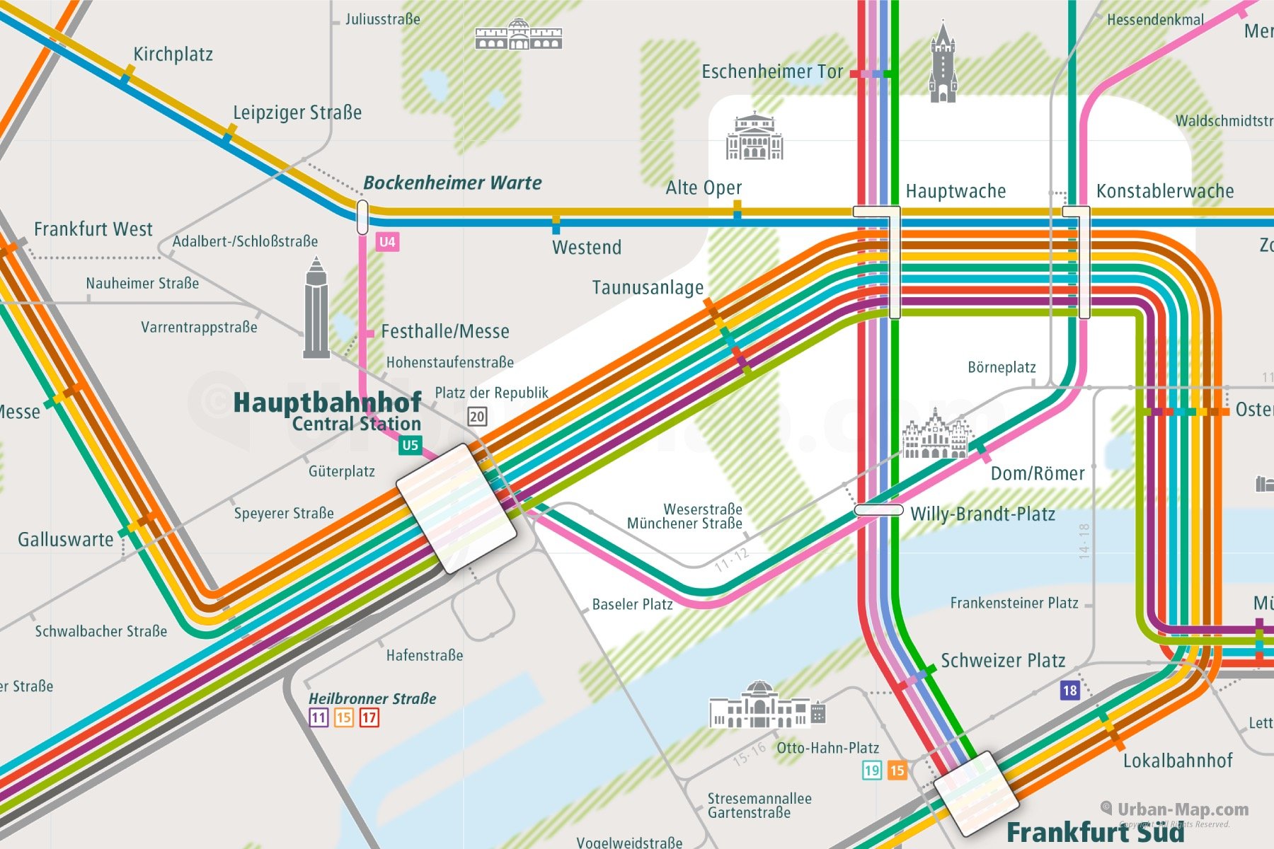Frankfurt City Rail Map shows the train and public transportation routes of U-Bahn, S-Bahn, Tram, Strassenbahn - Close-Up