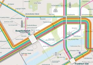 Frankfurt City Rail Map for train and public transportation routes of U-Bahn, tram, S-Bahn, commuter train - Close-up