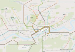 Frankfurt City Rail Map for train and public transportation routes of U-Bahn, tram, S-Bahn, commuter train - Overview