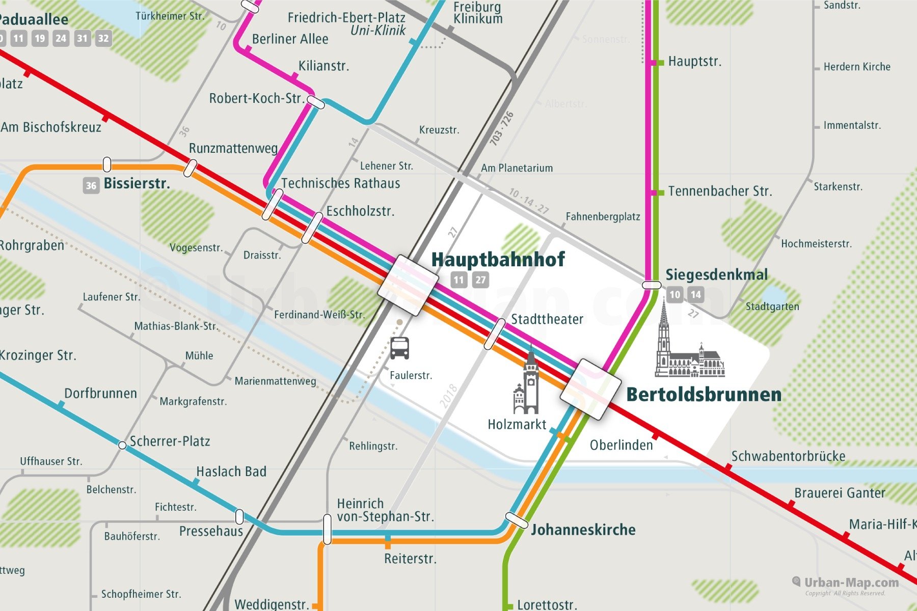 Freiburg City Rail Map shows the train and public transportation routes of tram, bus - Close-Up