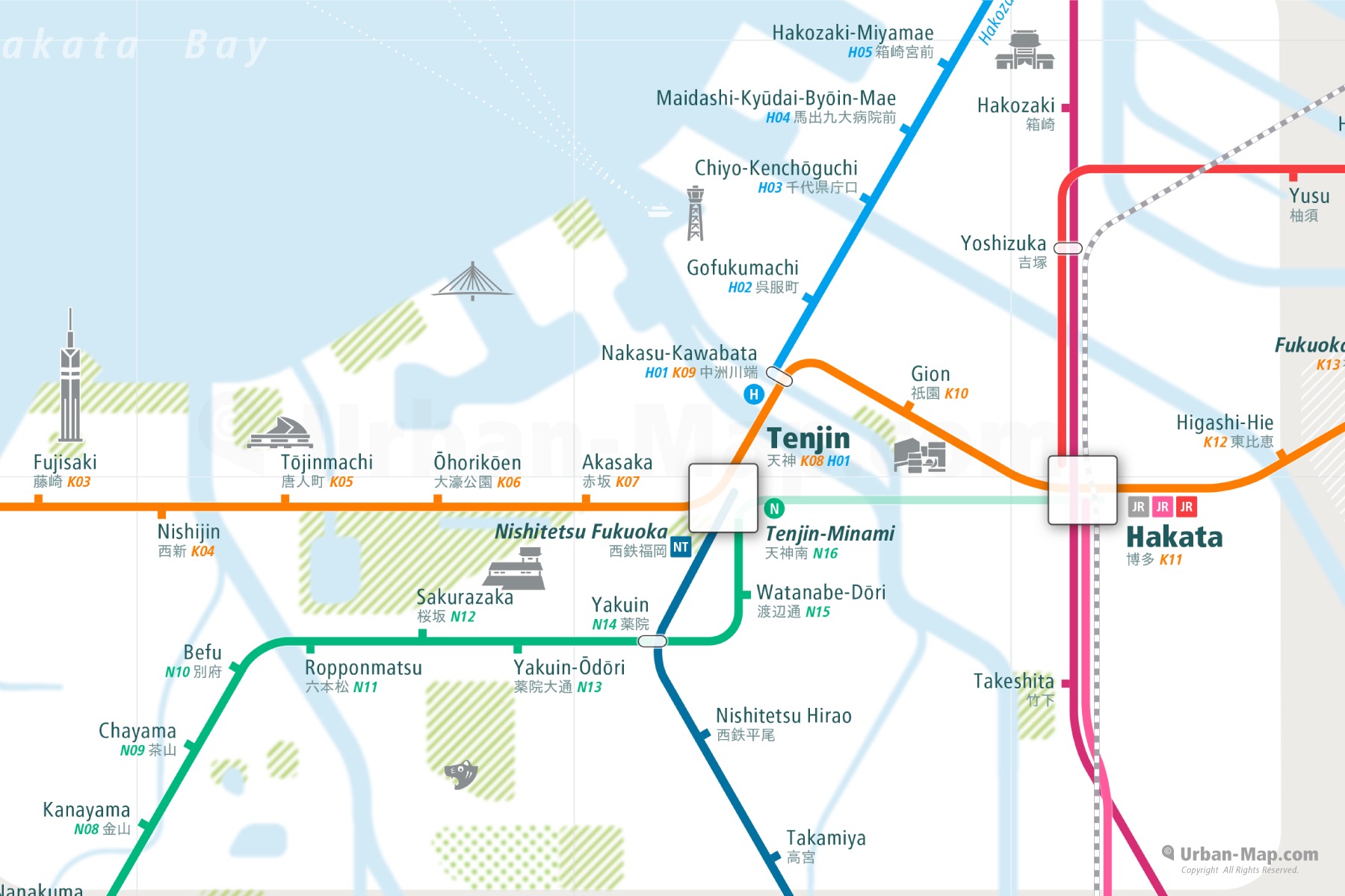 Fukuoka City Rail Map shows the train and public transportation routes of metro - Close-Up