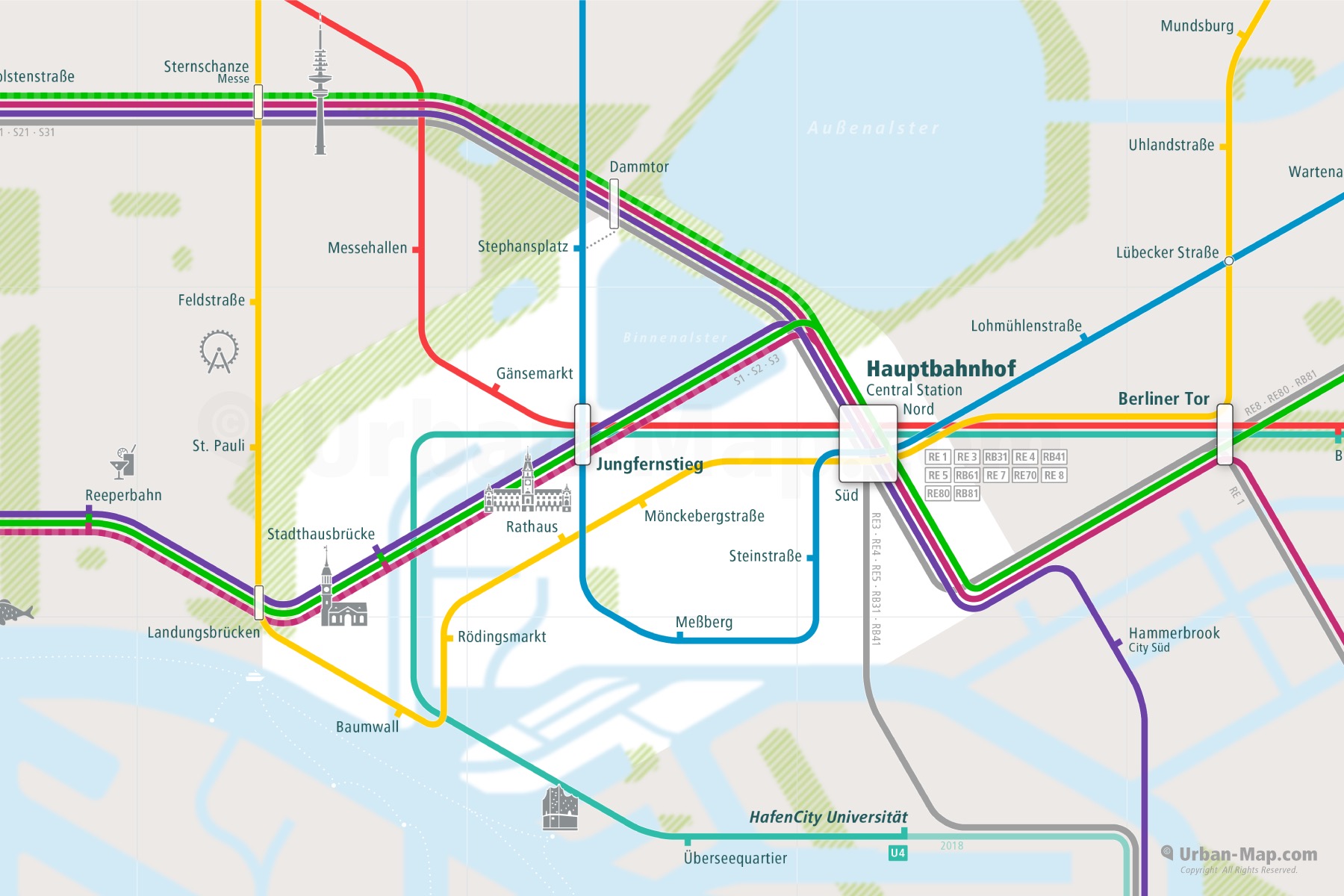 Hamburg City Rail Map shows the train and public transportation routes of U-Bahn, S-Bahn - Close-Up