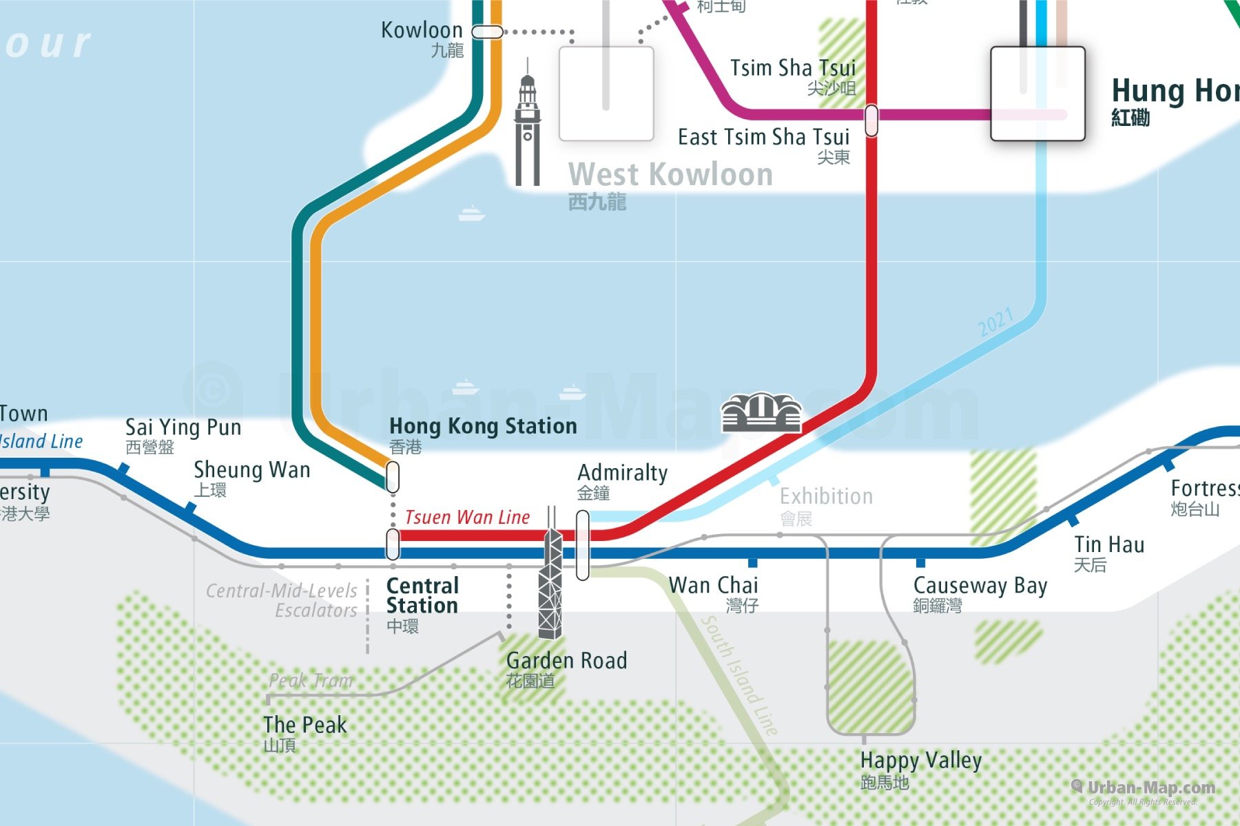 Hong Kong City Rail Map shows the train and public transportation routes of metro - Close-Up