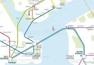 Istanbul City Rail Map shows the train and public transportation routes of Marmaray, Metro, Tram, Funiculars and Bus Rapid Transit BRT- Close-Up