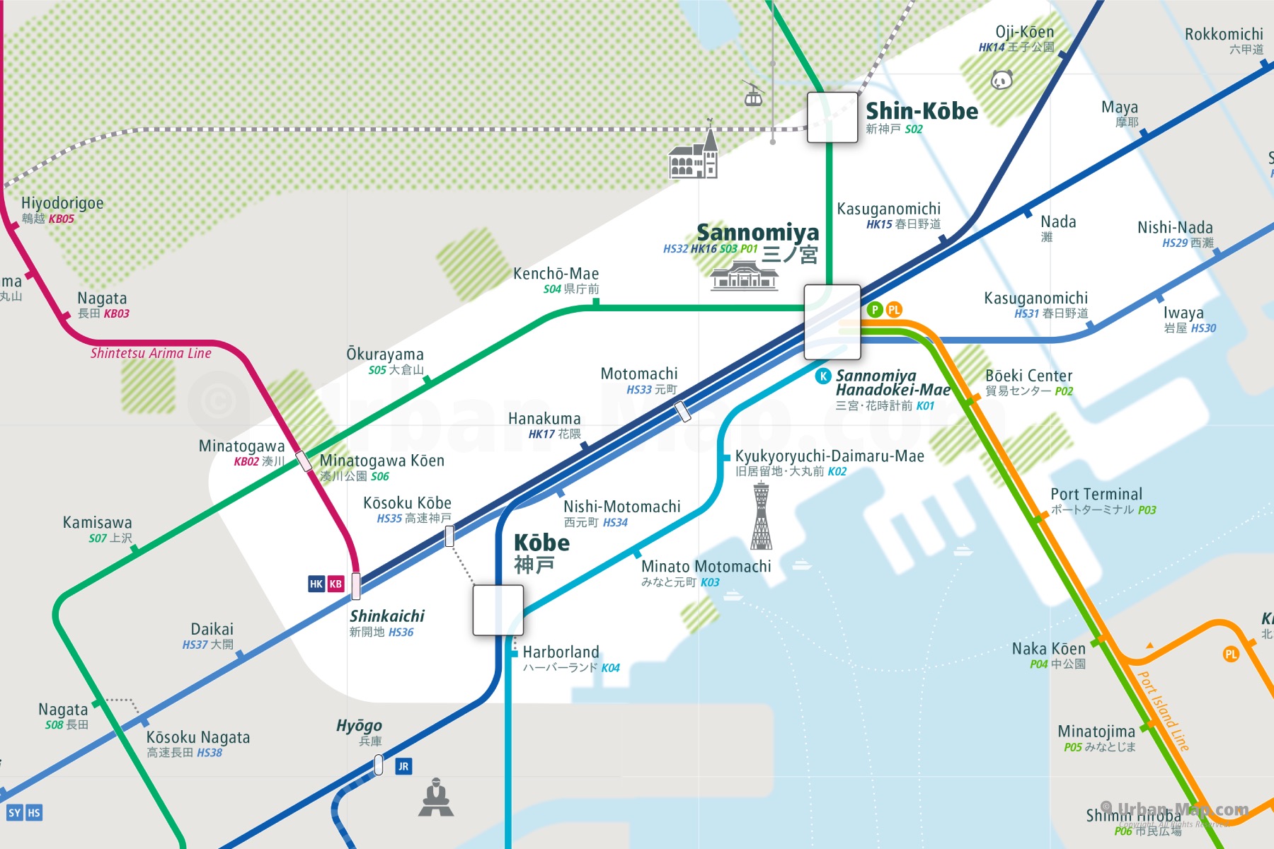 Kobe City Rail Map shows the train and public transportation routes of metro - Close-Up