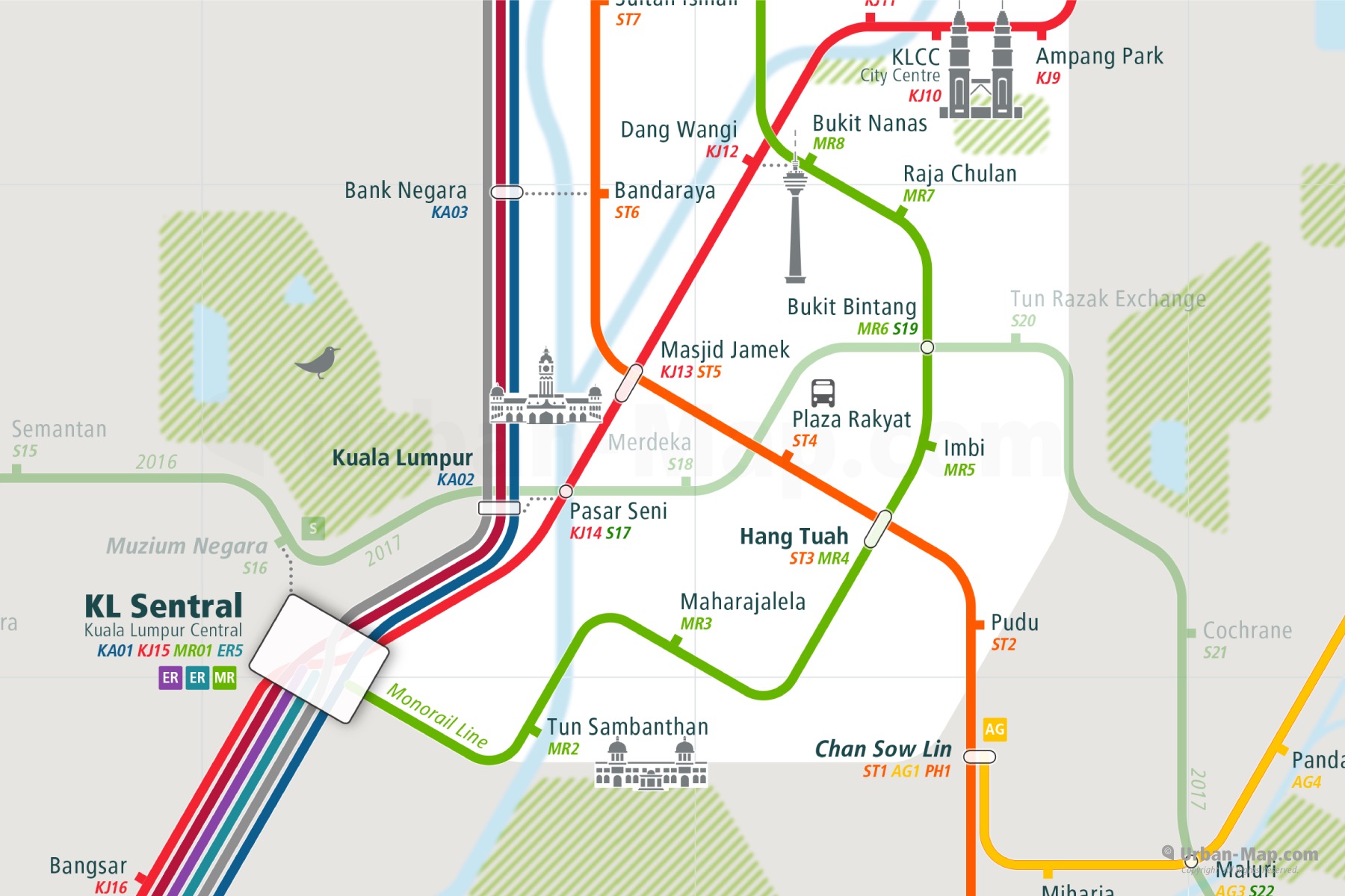 Kuala Lumpur City Rail Map shows the train and public transportation routes of metro - Close-Up