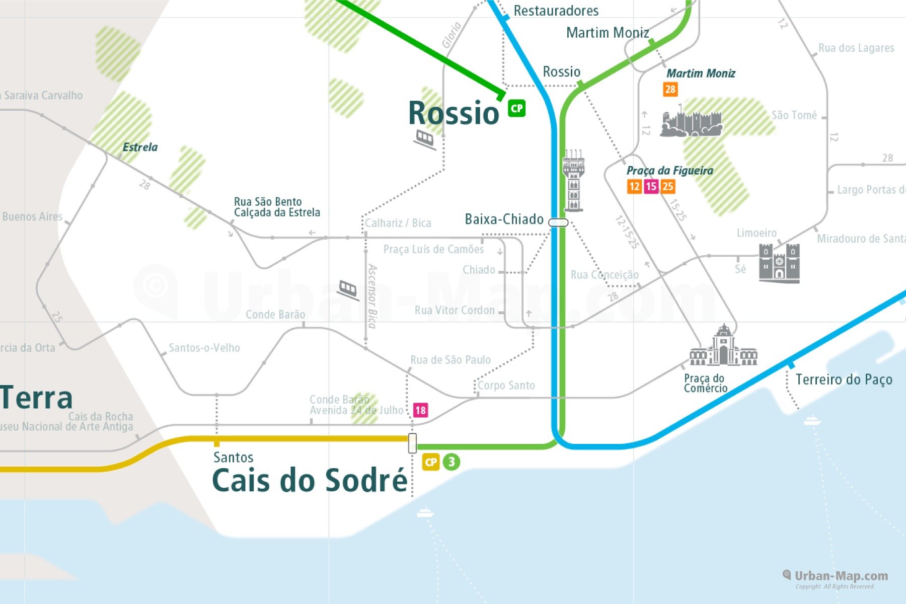 Lisbon City Rail Map shows the train and public transportation routes of metro, tram, commuter train - Close-Up