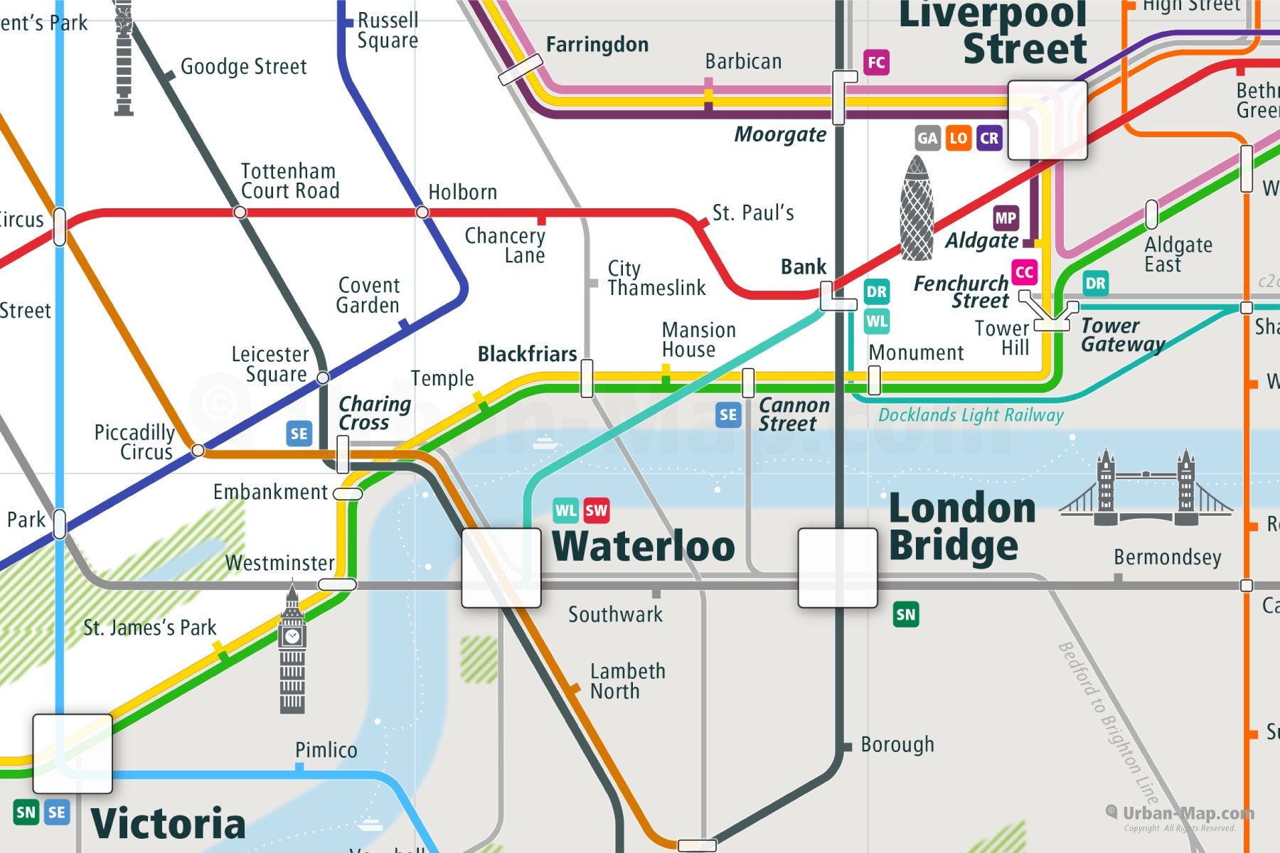 London City Rail Map shows the train and public transportation routes of Underground, commuter train - Close-Up