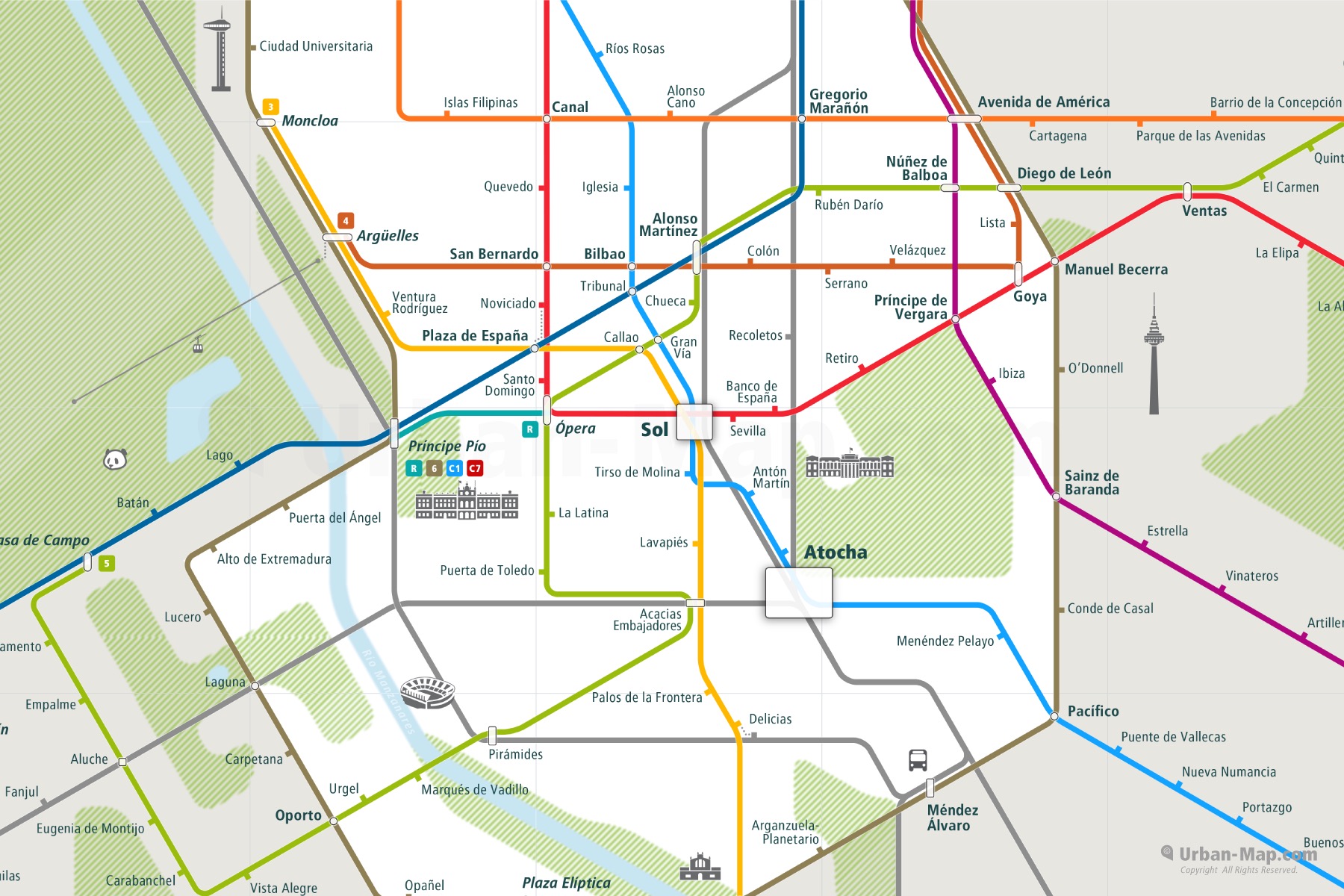 Madrid City Rail Map shows the train and public transportation routes of metro - Close-Up