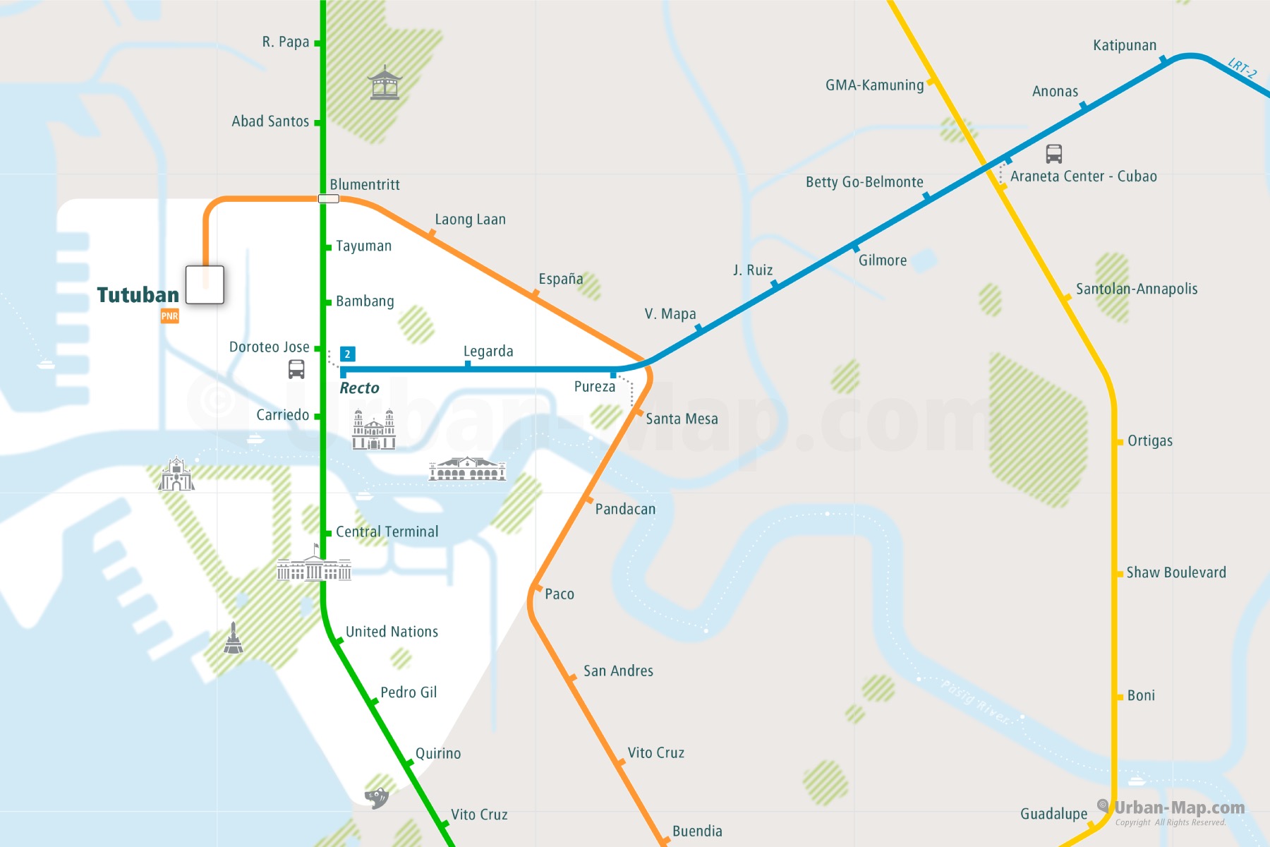 Manila City Rail Map shows the train and public transportation routes of metro - Close-Up
