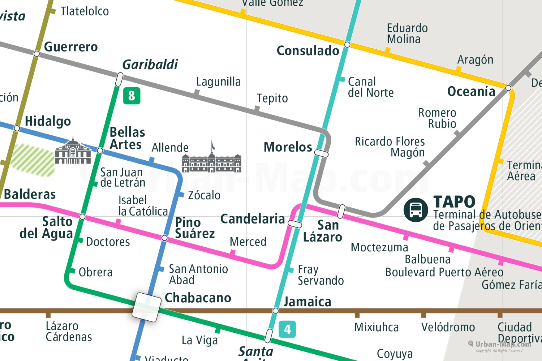 Mexico City Rail Map shows the train and public transportation routes of metro - Close-Up