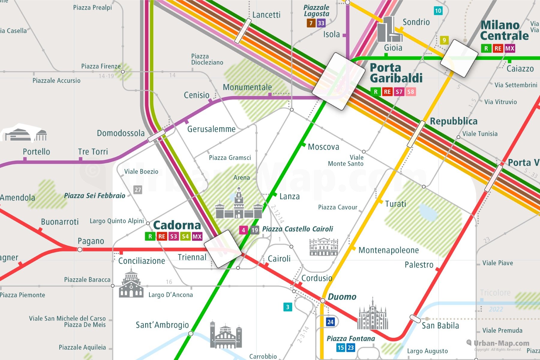 Milan City Rail Map shows the train and public transportation routes of metro, commuter train, tram - Close-Up
