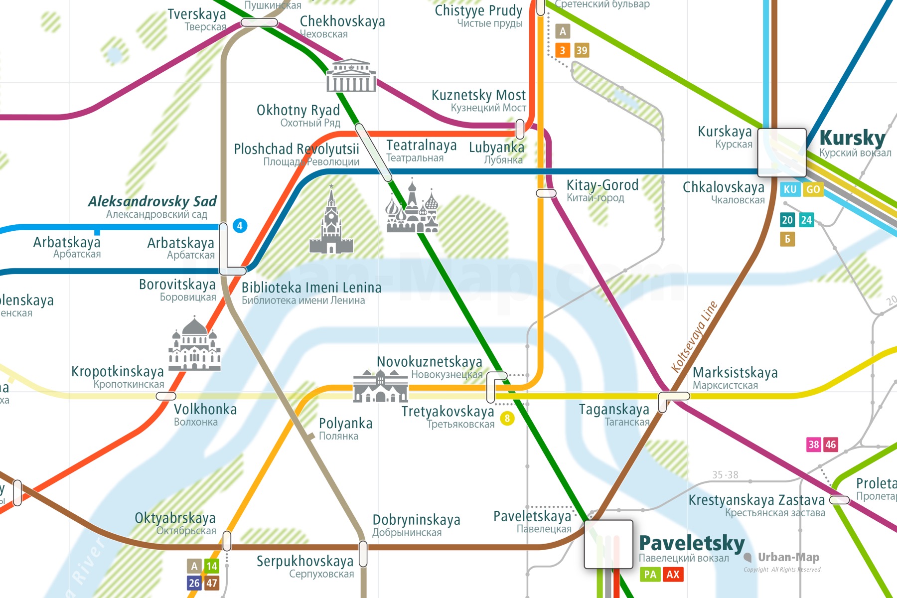 Moscow City Rail Map shows the train and public transportation routes of Metro, Tram, Airport Link, Ferry, Commuter Train - Close-Up
