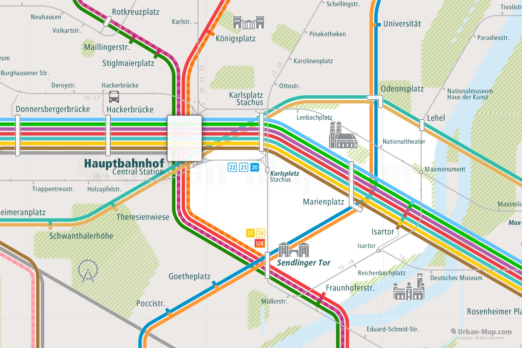 Munich City Rail Map shows the train and public transportation routes of - Close-Up