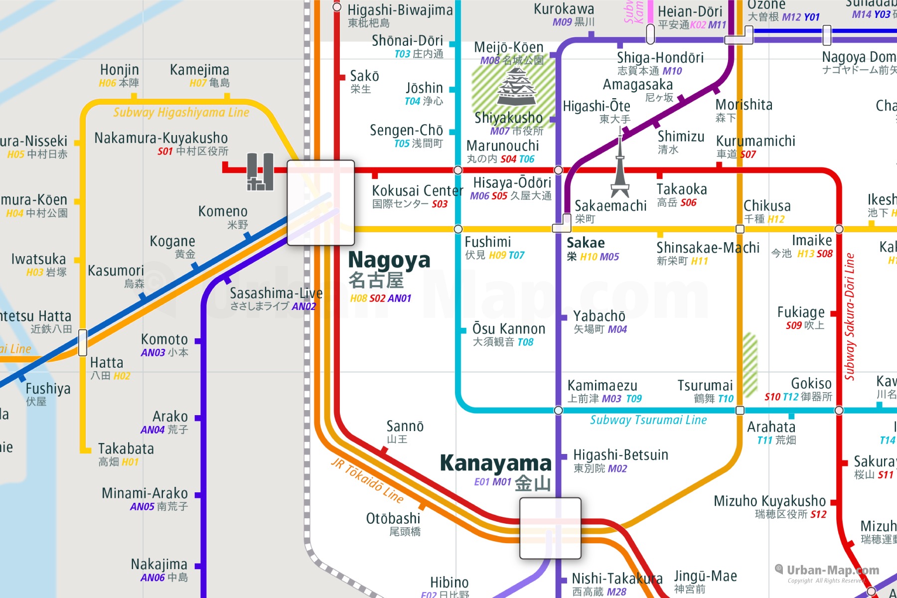Nagoya City Rail Map shows the train and public transportation routes of