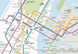 New York City Rail Map shows the train and public transportation routes of Subway - Close-Up