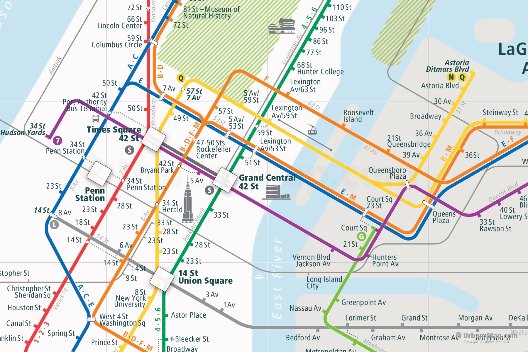 New York City Rail Map shows the train and public transportation routes of Subway - Close-Up