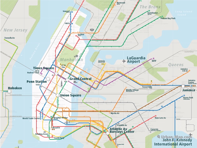 New York City Rail Map shows the train and public transportation routes of Subway