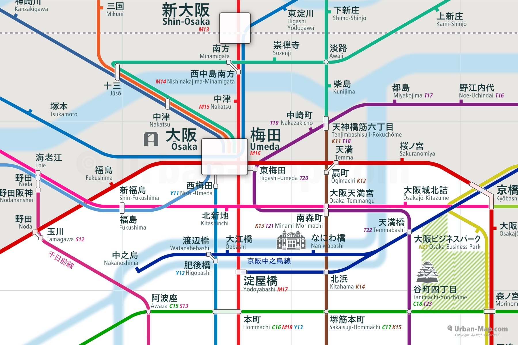 Osaka City Rail Map Japanese shows the train and public transportation routes of Subway, JR West, Hankyu, Hanshin, Keihan - Close-Up