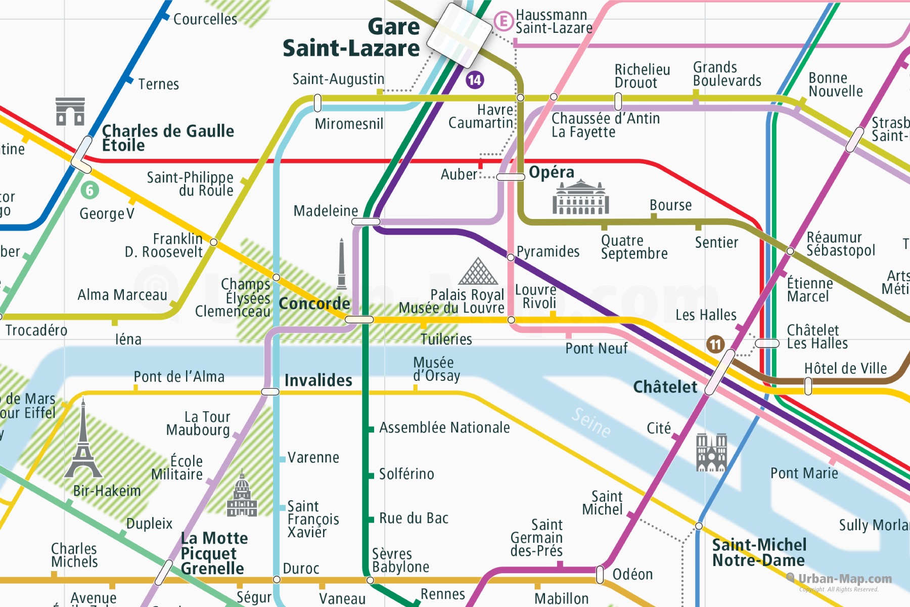 Paris City Rail Map shows the train and public transportation routes of - Close-Up