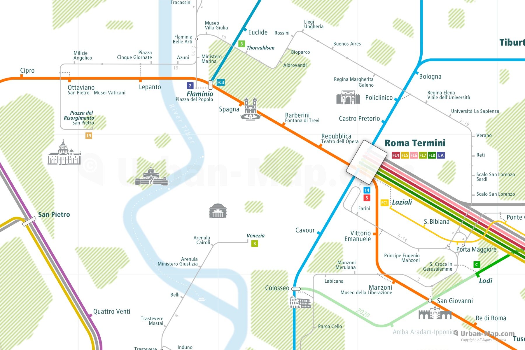 Rome City Rail Map shows the train and public transportation routes of - Close-Up