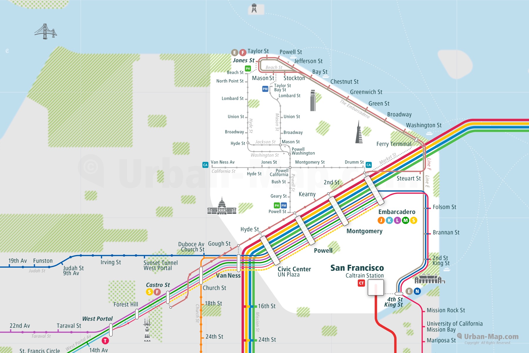 San Francisco City Rail Map shows the train and public transportation routes of - Close-Up