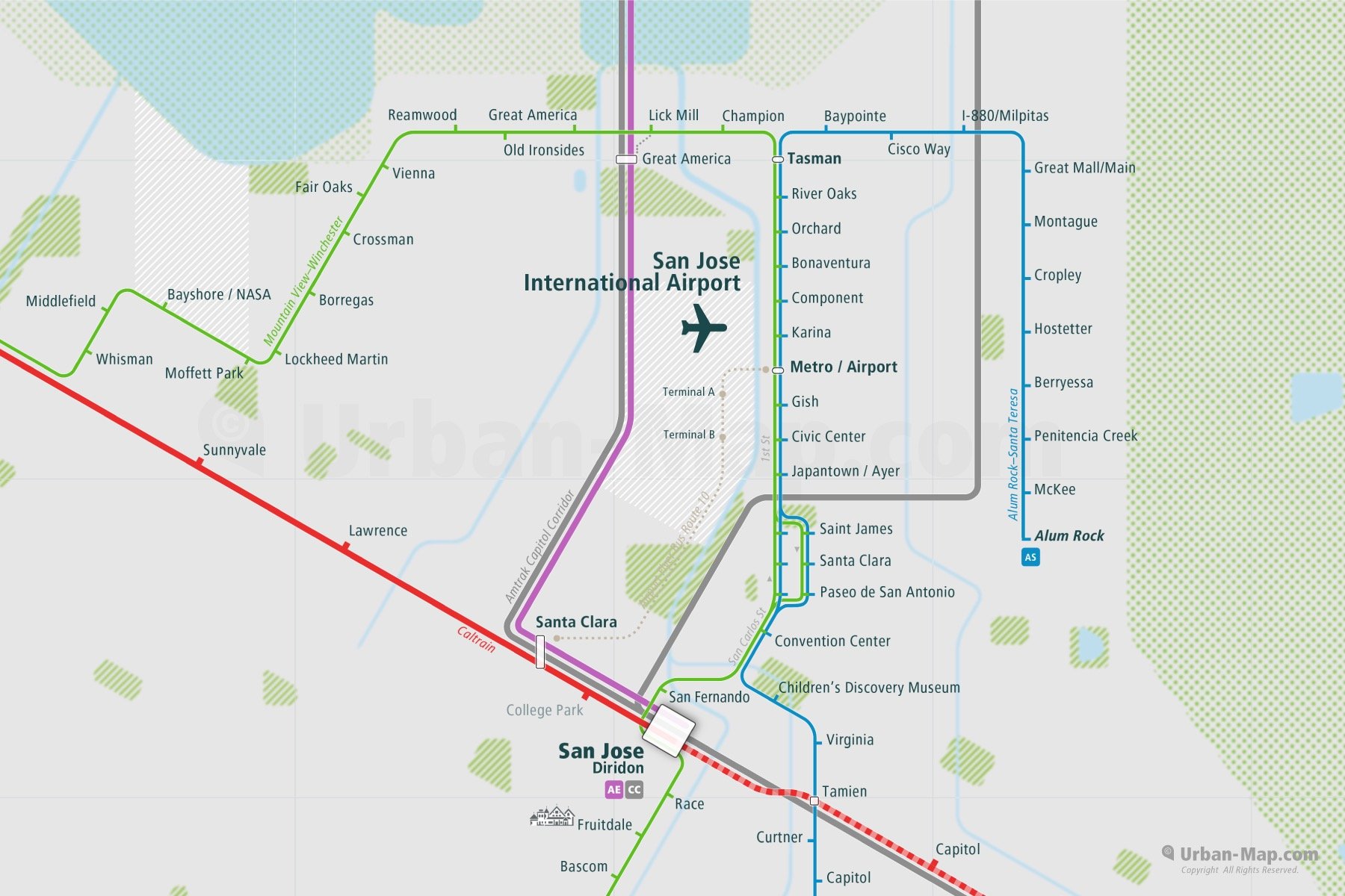 San Jose City Rail Map shows the train and public transportation routes of