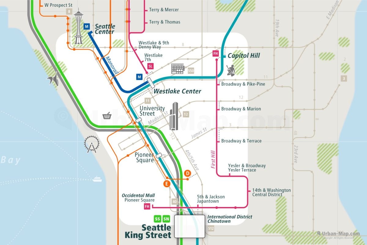 Seattle City Rail Map shows the train and public transportation routes of RapidRide BTR bus rapid transit, bus, monorail, commuter train - Close-Up
