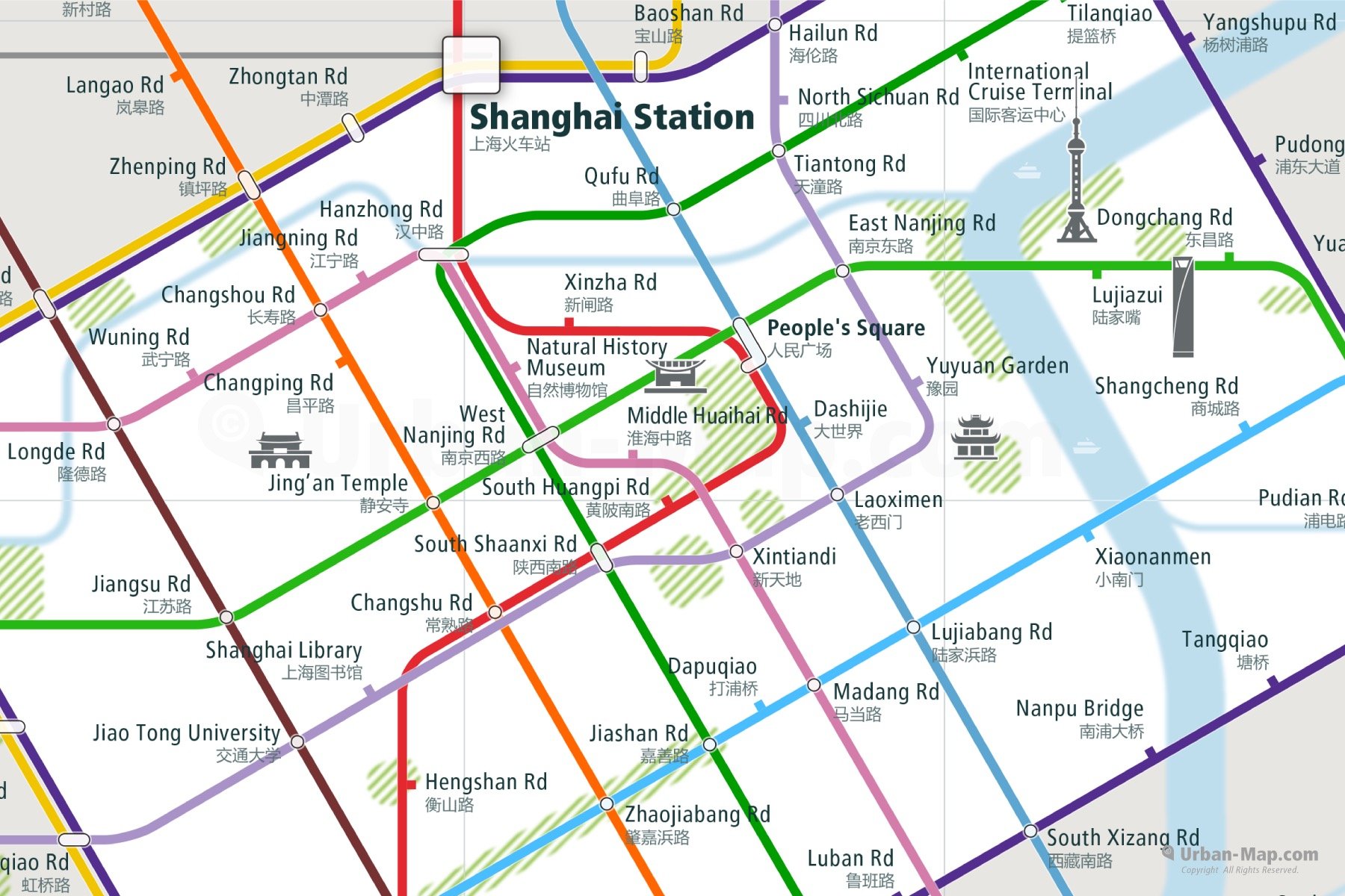 Shanghai City Rail Map shows the train and public transportation routes of Metro - Close-Up