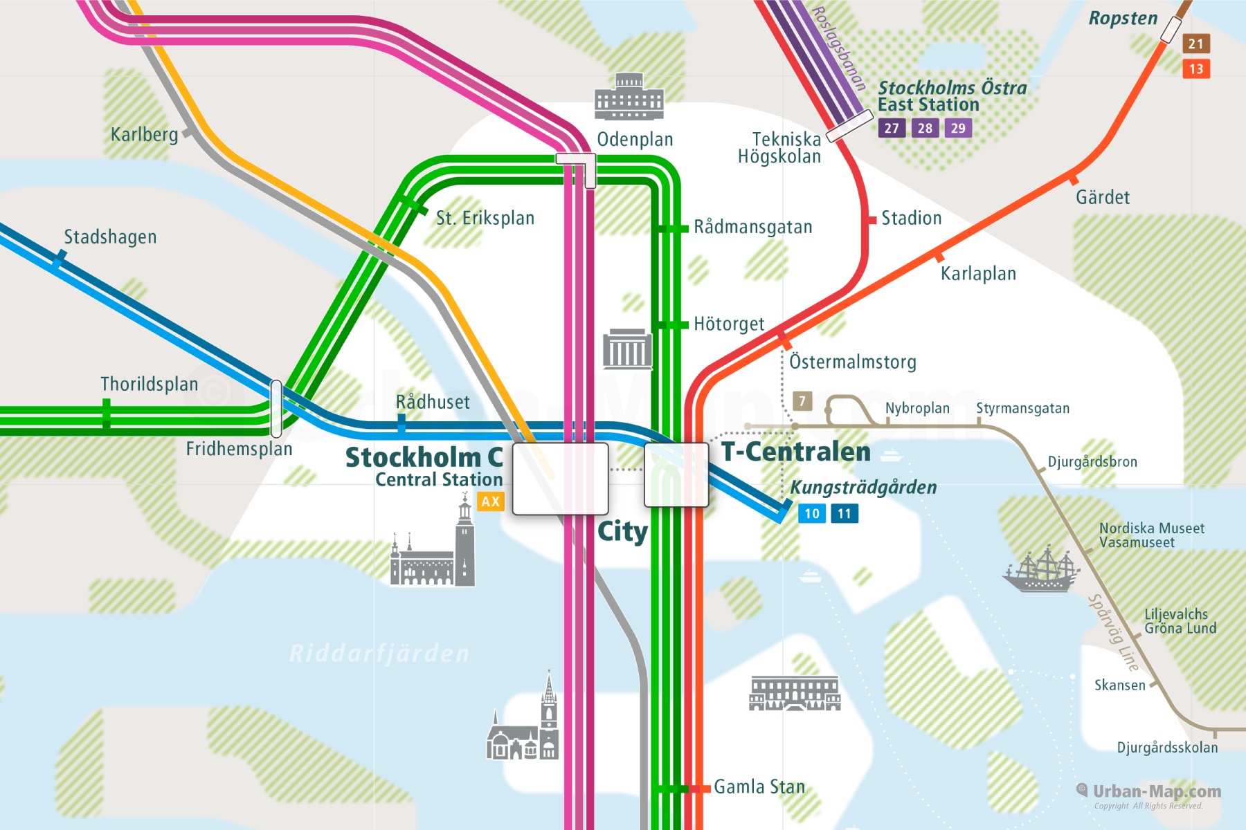 Stockholm City Rail Map shows the train and public transportation routes of Metro, Tram, Light Rail, Commuter Rail and Arlanda Express Airport Link and Central Station, City and T-Centralen